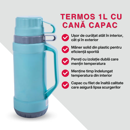 Termos, Naimeed D6417, pentru bauturi reci sau calde, Sticla si ABS, 1.8L, Turcoaz, 160x345x130mm