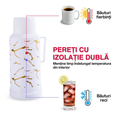 Termos, Naimeed D6415, pentru bauturi reci sau calde, Sticla si ABS, 1L, Alb, 140x280x115mm