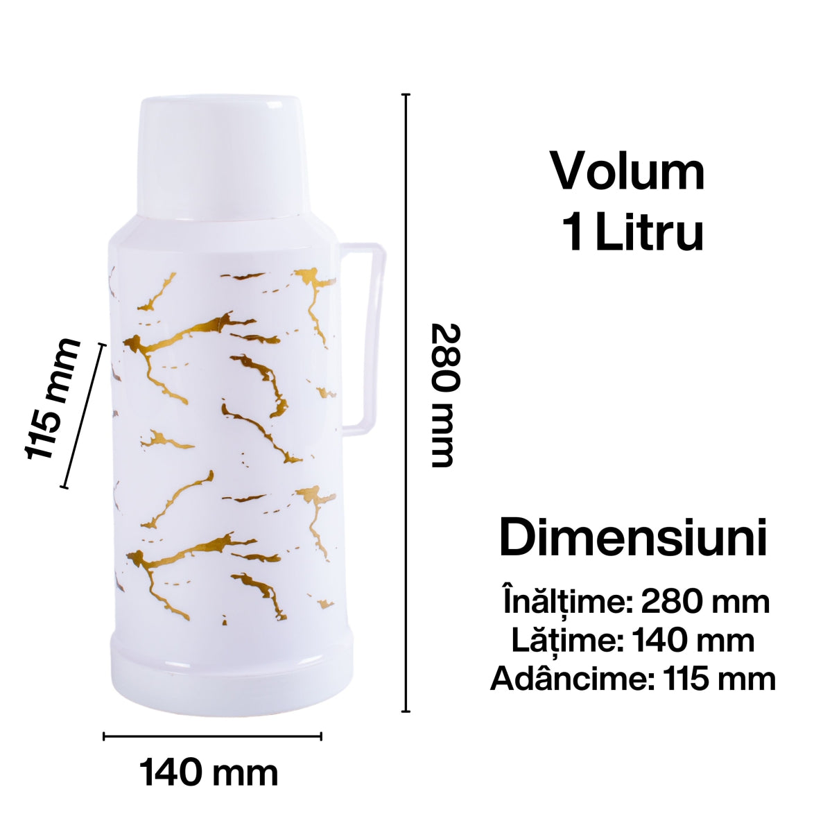 Termos, Naimeed D6415, pentru bauturi reci sau calde, Sticla si ABS, 1L, Alb, 140x280x115mm