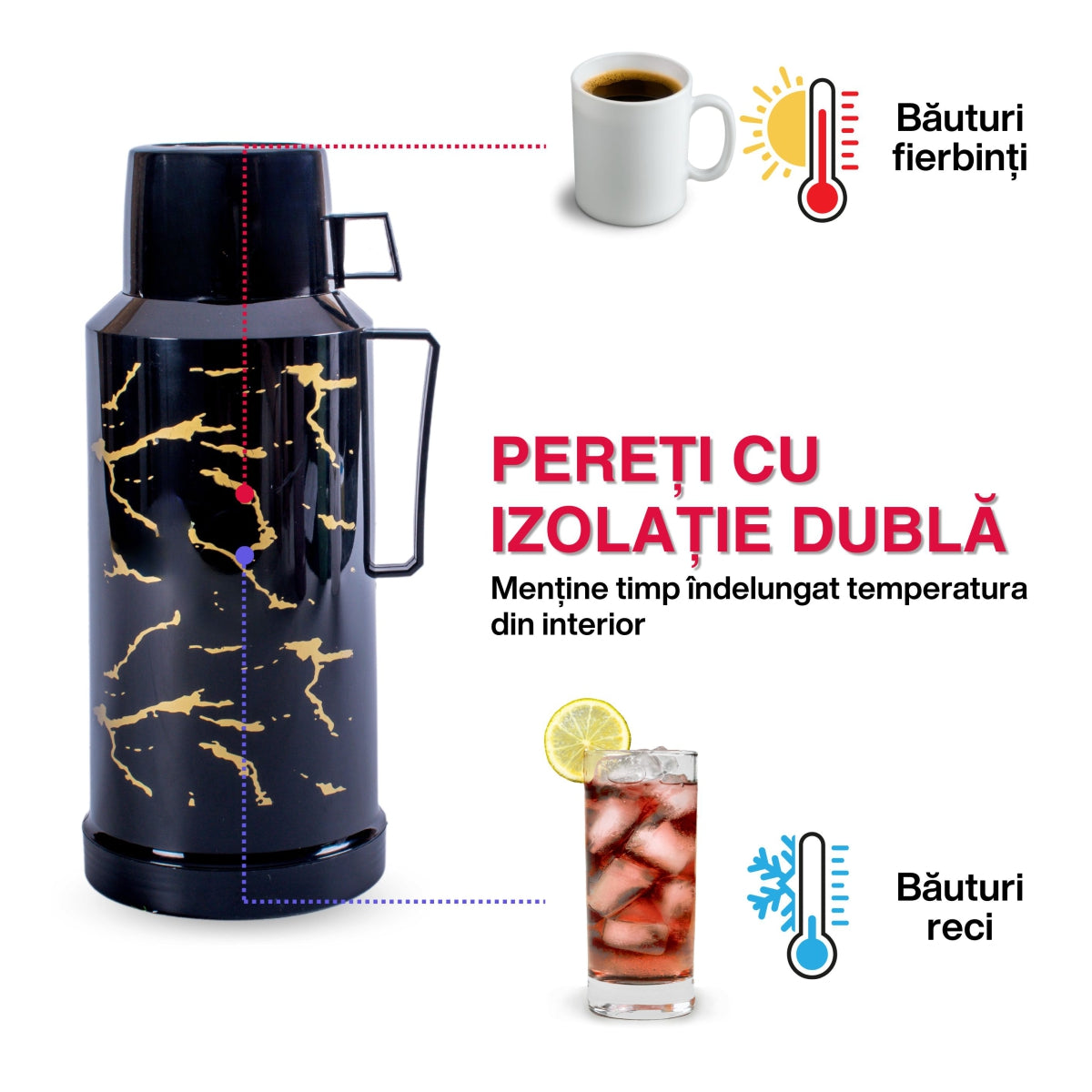 Termos, Naimeed D6416, pentru bauturi reci sau calde, Sticla si ABS, 1.8L, Negru, 160x320x135mm