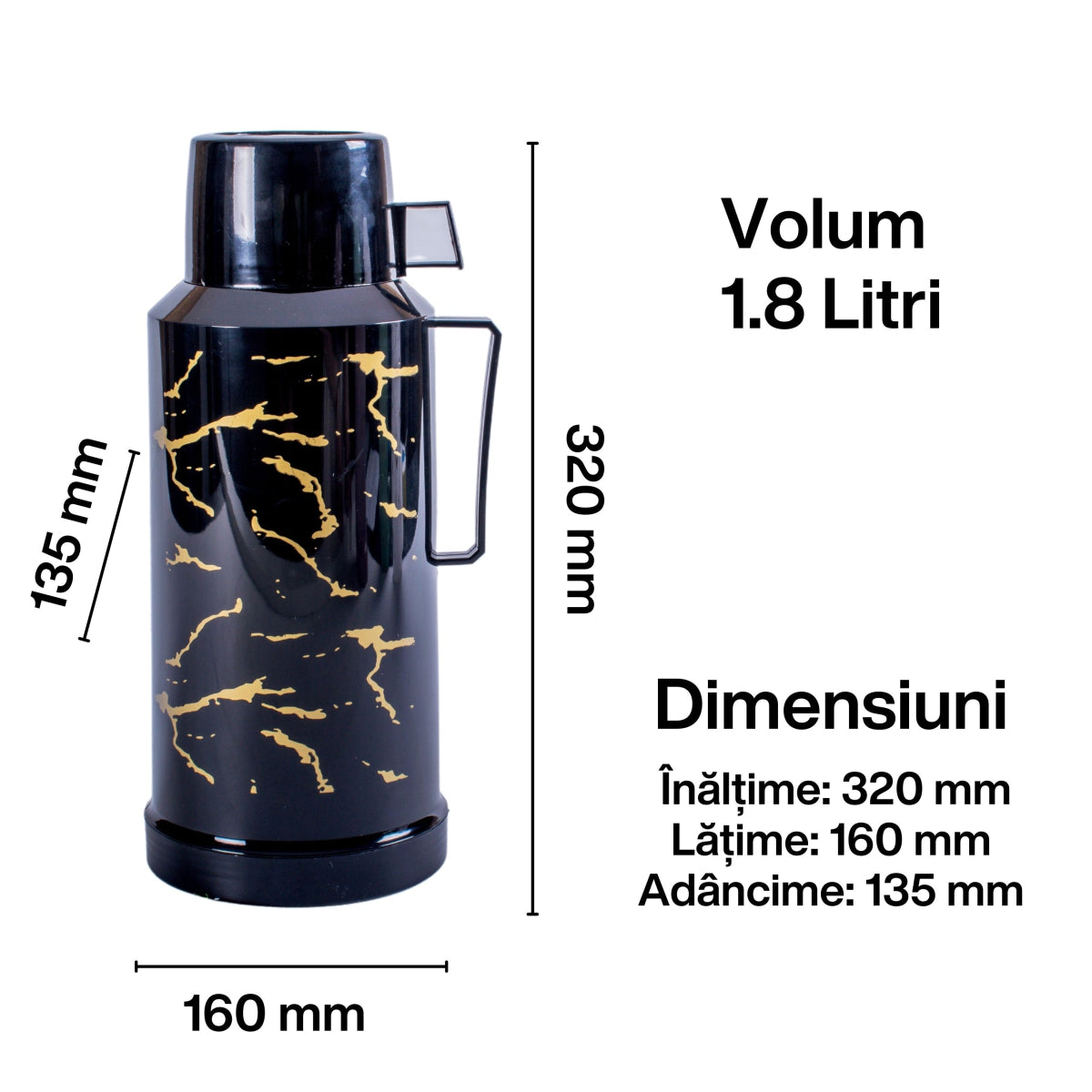 Termos, Naimeed D6416, pentru bauturi reci sau calde, Sticla si ABS, 1.8L, Negru, 160x320x135mm