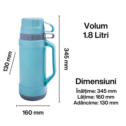 Termos, Naimeed D6417, pentru bauturi reci sau calde, Sticla si ABS, 1.8L, Turcoaz, 160x345x130mm