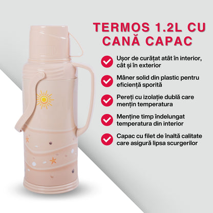 Termos, Naimeed D6420, pentru bauturi reci sau calde, Sticla si ABS, 1.2L, Crem, 120x340x170mm
