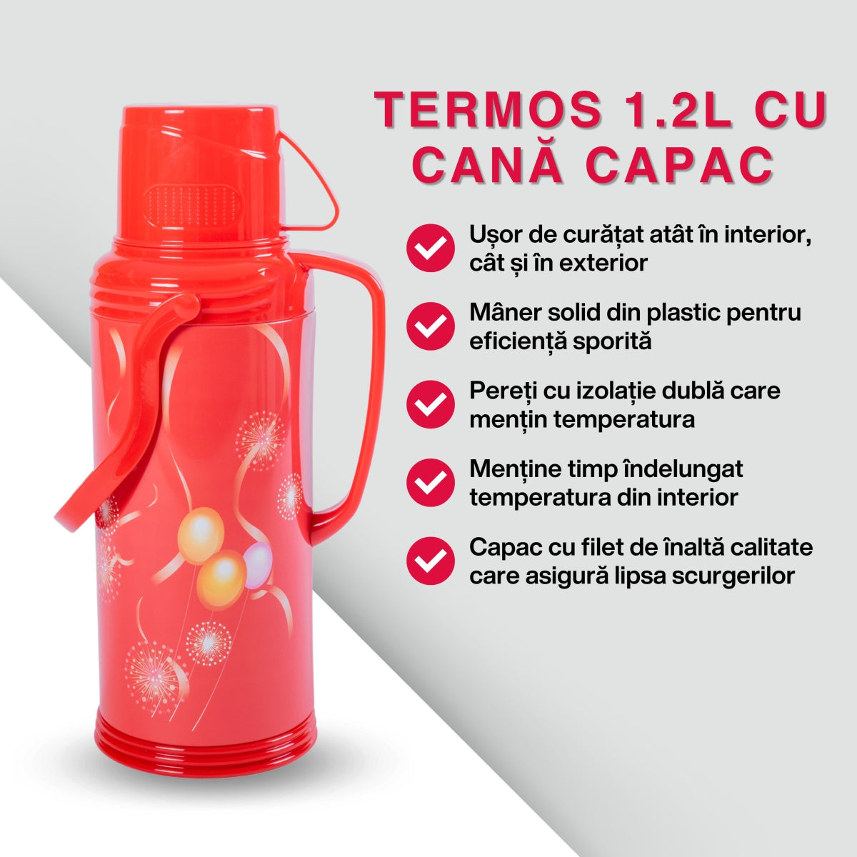 Termos, Naimeed D6420, pentru bauturi reci sau calde, Sticla si ABS, 1.2L, Rosu, 120x340x170mm