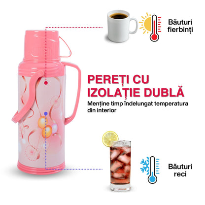 Termos, Naimeed D6420, pentru bauturi reci sau calde, Sticla si ABS, 1.2L, Roz, 120x340x170mm
