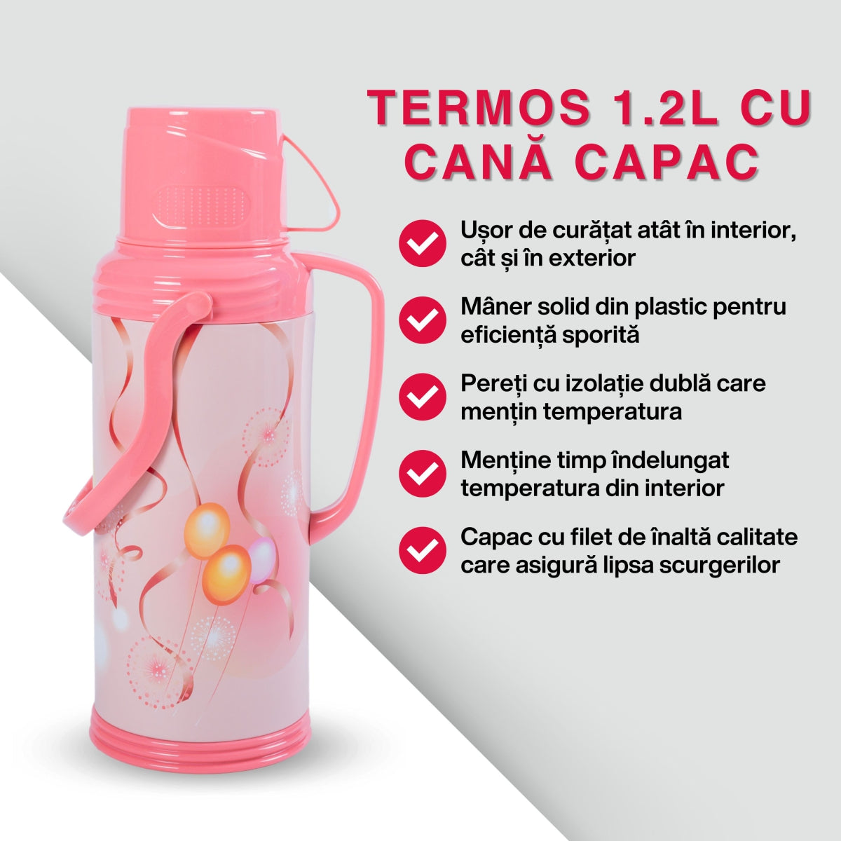 Termos, Naimeed D6420, pentru bauturi reci sau calde, Sticla si ABS, 1.2L, Roz, 120x340x170mm