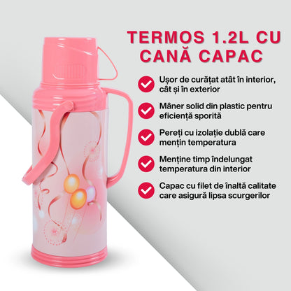 Termos, Naimeed D6420, pentru bauturi reci sau calde, Sticla si ABS, 1.2L, Roz, 120x340x170mm