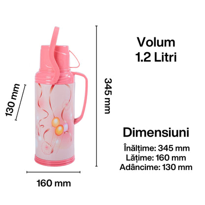 Termos, Naimeed D6420, pentru bauturi reci sau calde, Sticla si ABS, 1.2L, Roz, 120x340x170mm