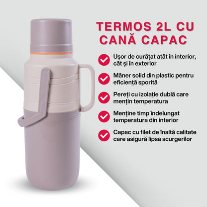 Termos, Naimeed D6421, pentru bauturi reci sau calde, Sticla si ABS, 2L, Gri, 114x400x200mm