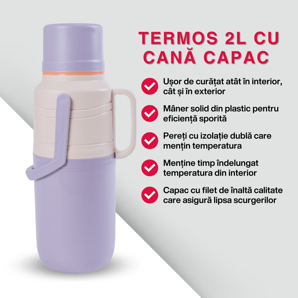 Termos, Naimeed D6421, pentru bauturi reci sau calde, Sticla si ABS, 2L, Mov, 114x400x200mm