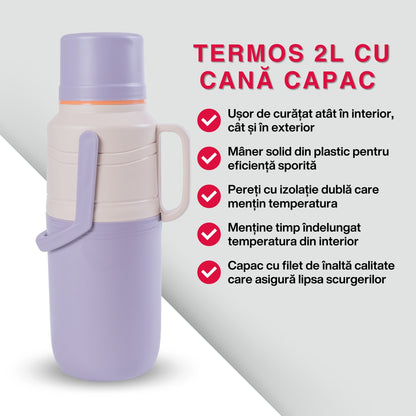 Termos, Naimeed D6421, pentru bauturi reci sau calde, Sticla si ABS, 2L, Mov, 114x400x200mm