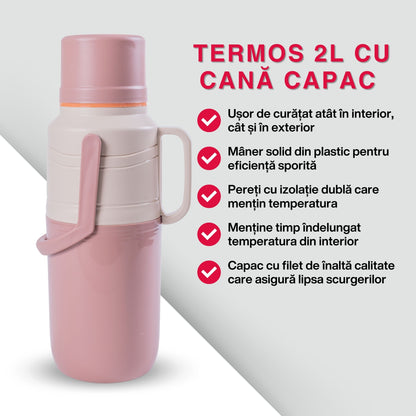 Termos, Naimeed D6421, pentru bauturi reci sau calde, Sticla si ABS, 2L, Roz, 114x400x200mm