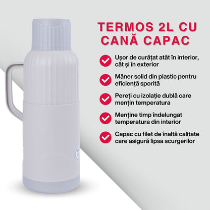 Termos, Naimeed D6422, pentru bauturi reci sau calde, Sticla si ABS, 2L, Gri, 137x390x160mm