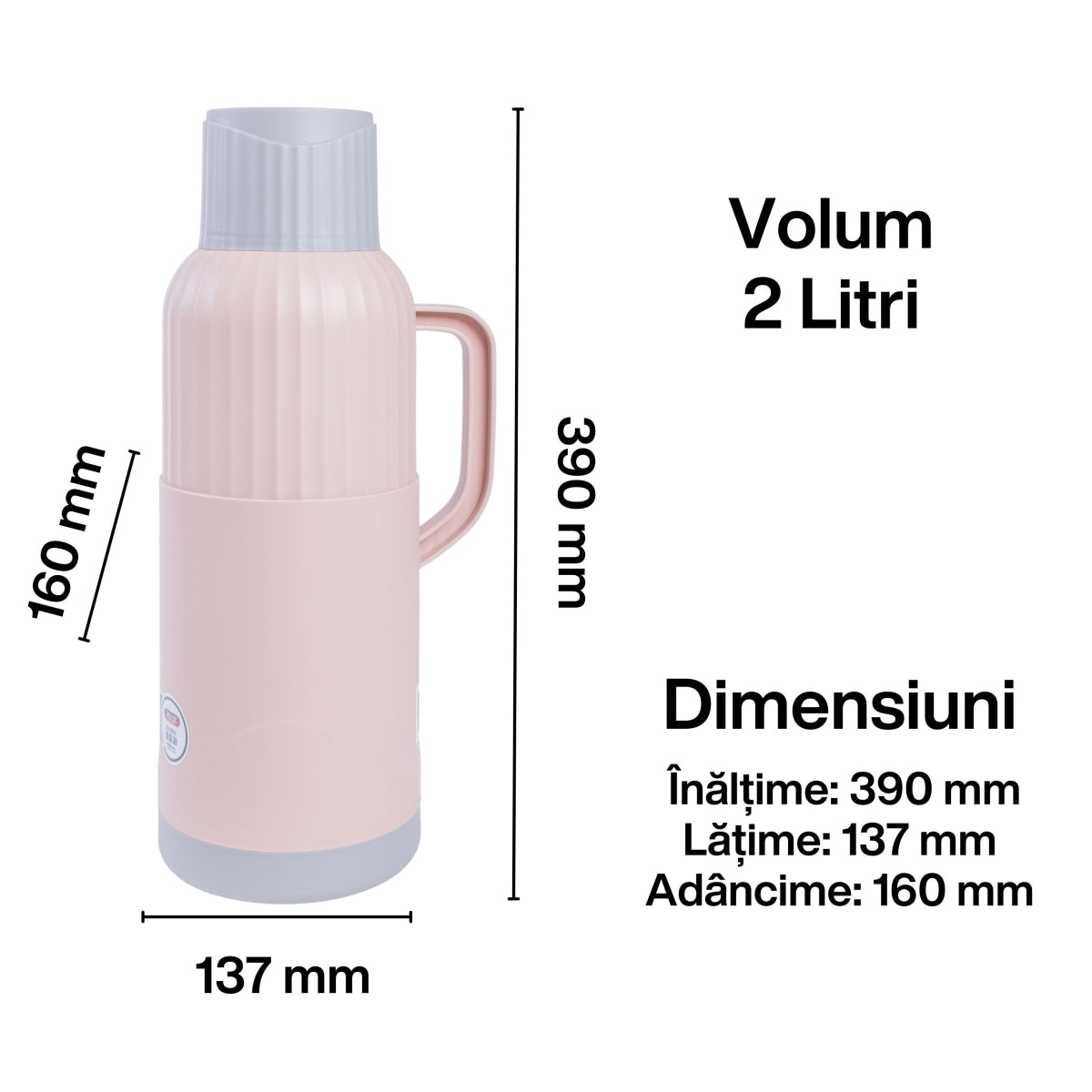 Termos, Naimeed D6422, pentru bauturi reci sau calde, Sticla si ABS, 2L, Roz, 137x390x160mm