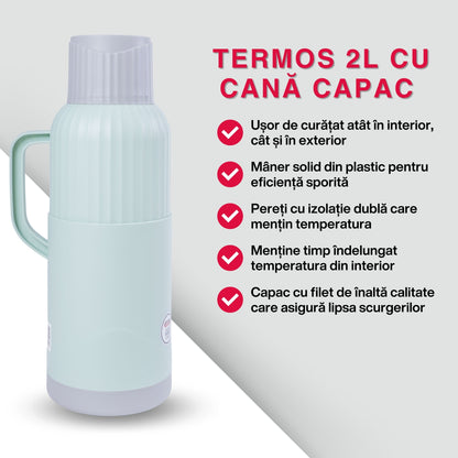 Termos, Naimeed D6422, pentru bauturi reci sau calde, Sticla si ABS, 2L, Turcoaz, 137x390x160mm
