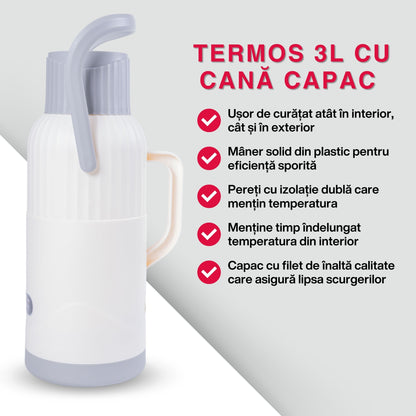 Termos, Naimeed D6423, pentru bauturi reci sau calde, Sticla si ABS, 3L, Alb, 165x480x162mm