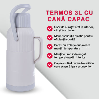 Termos, Naimeed D6423, pentru bauturi reci sau calde, Sticla si ABS, 3L, Gri, 165x480x162mm