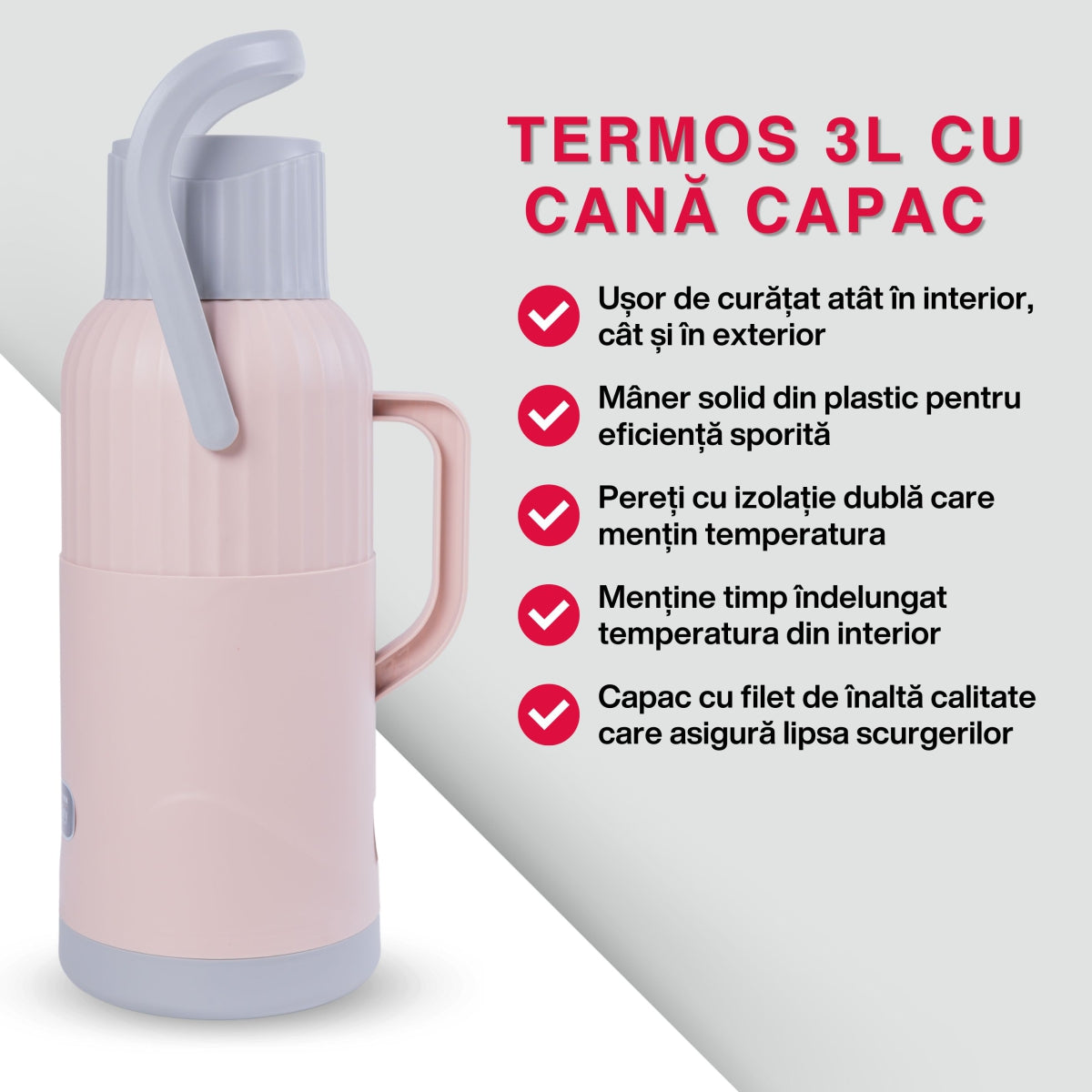 Termos, Naimeed D6423, pentru bauturi reci sau calde, Sticla si ABS, 3L, Roz, 165x480x162mm