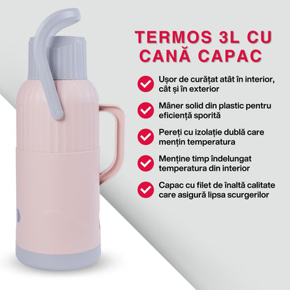 Termos, Naimeed D6423, pentru bauturi reci sau calde, Sticla si ABS, 3L, Roz, 165x480x162mm