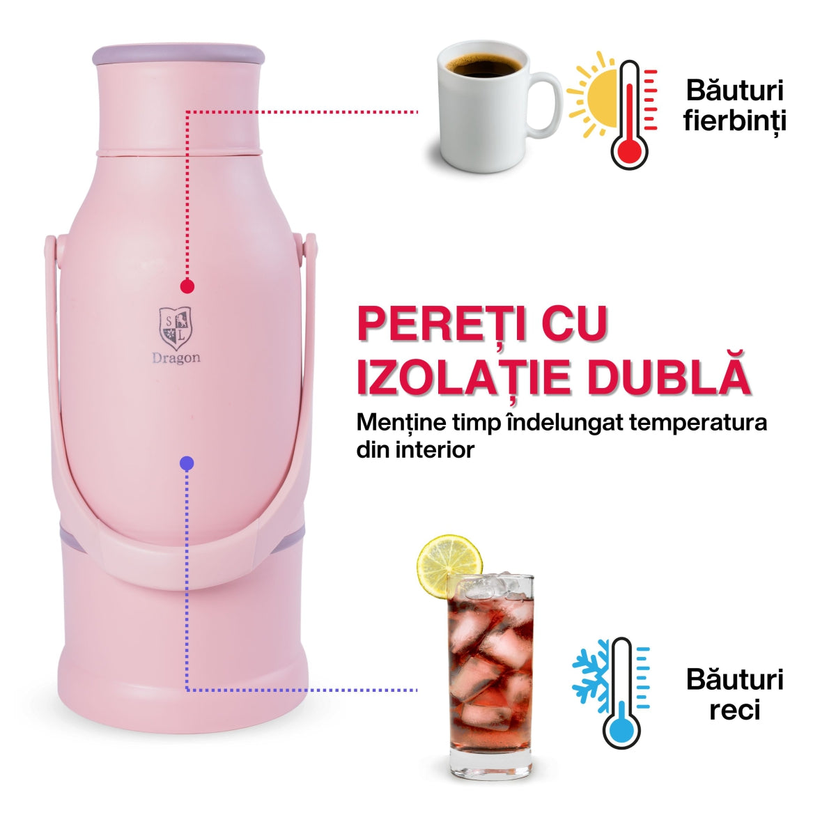 Termos, Naimeed D6424, pentru bauturi reci sau calde, Sticla si ABS, 3L, Roz, 165x500x200mm