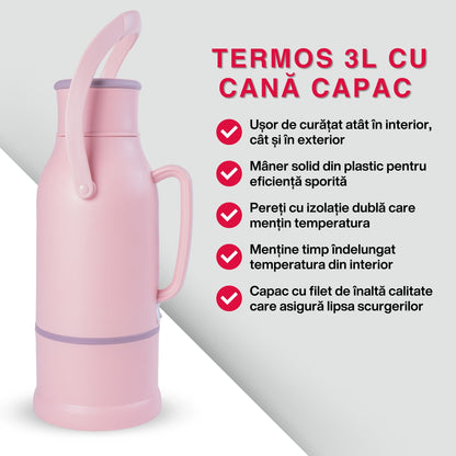 Termos, Naimeed D6424, pentru bauturi reci sau calde, Sticla si ABS, 3L, Roz, 165x500x200mm
