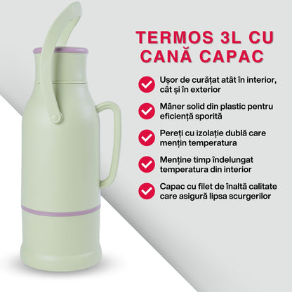 Termos, Naimeed D6424, pentru bauturi reci sau calde, Sticla si ABS, 3L, Verde, 165x500x200mm