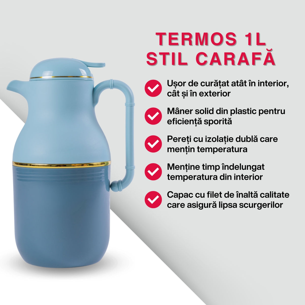 Termos, Naimeed D6427, pentru bauturi reci sau calde, Sticla si ABS, 1L, Albastru, 130x280x160mm