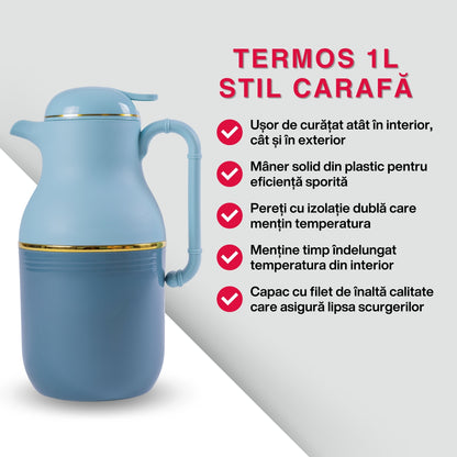 Termos, Naimeed D6427, pentru bauturi reci sau calde, Sticla si ABS, 1L, Albastru, 130x280x160mm