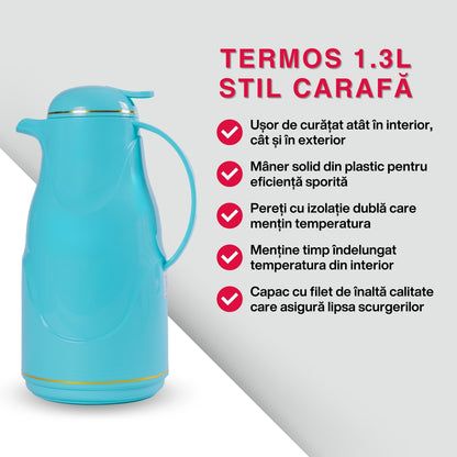 Termos, Naimeed D6428, pentru bauturi reci sau calde, Sticla si ABS, 1.3L, Albastru, 140x300x180mm