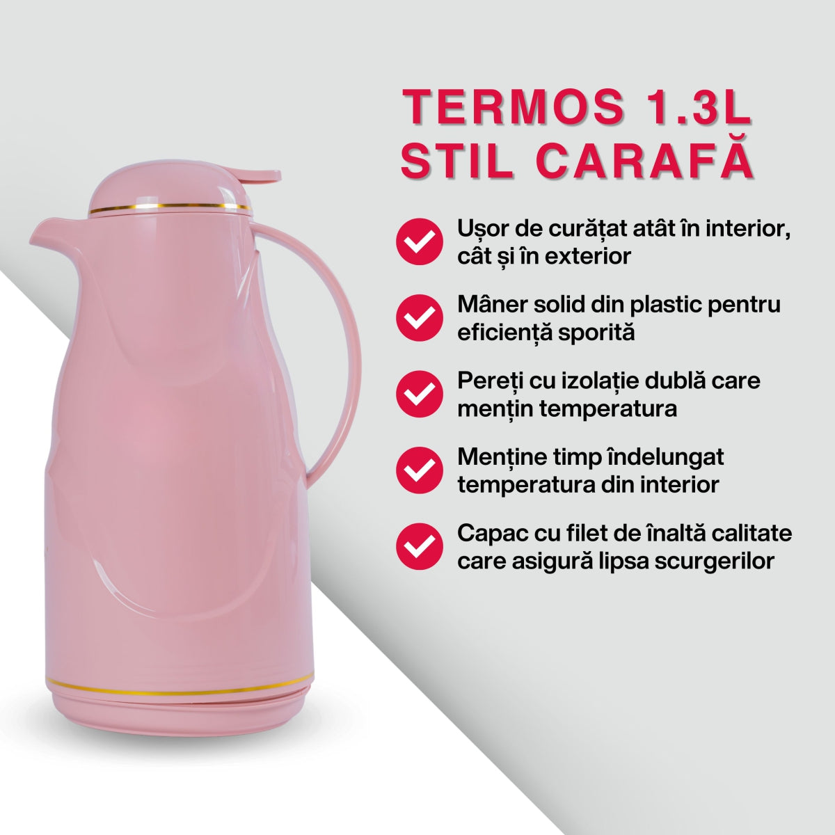 Termos, Naimeed D6428, pentru bauturi reci sau calde, Sticla si ABS, 1.3L, Roz, 140x300x180mm