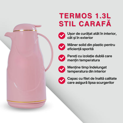 Termos, Naimeed D6428, pentru bauturi reci sau calde, Sticla si ABS, 1.3L, Roz, 140x300x180mm