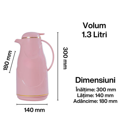 Termos, Naimeed D6428, pentru bauturi reci sau calde, Sticla si ABS, 1.3L, Roz, 140x300x180mm