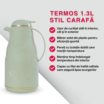 Termos, Naimeed D6430, pentru bauturi reci sau calde, Sticla si ABS, 1.4L, Verde, 145x320x190mm