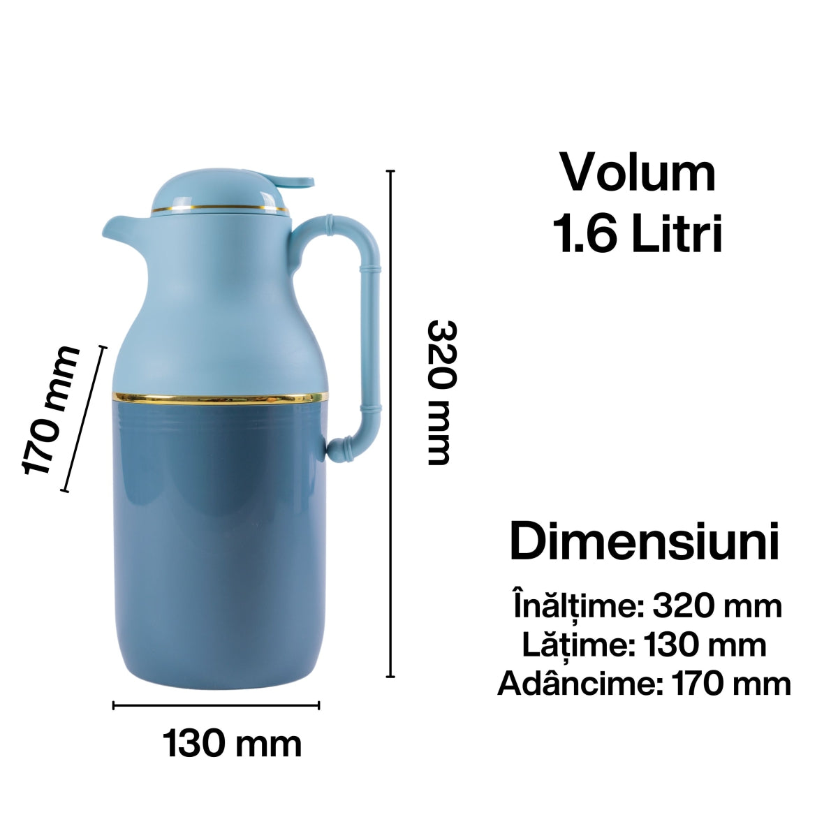 Termos, Naimeed D6429, pentru bauturi reci sau calde, Sticla si ABS, 1.6L, Albastru, 130x320x170mm