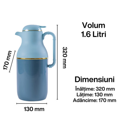 Termos, Naimeed D6429, pentru bauturi reci sau calde, Sticla si ABS, 1.6L, Albastru, 130x320x170mm