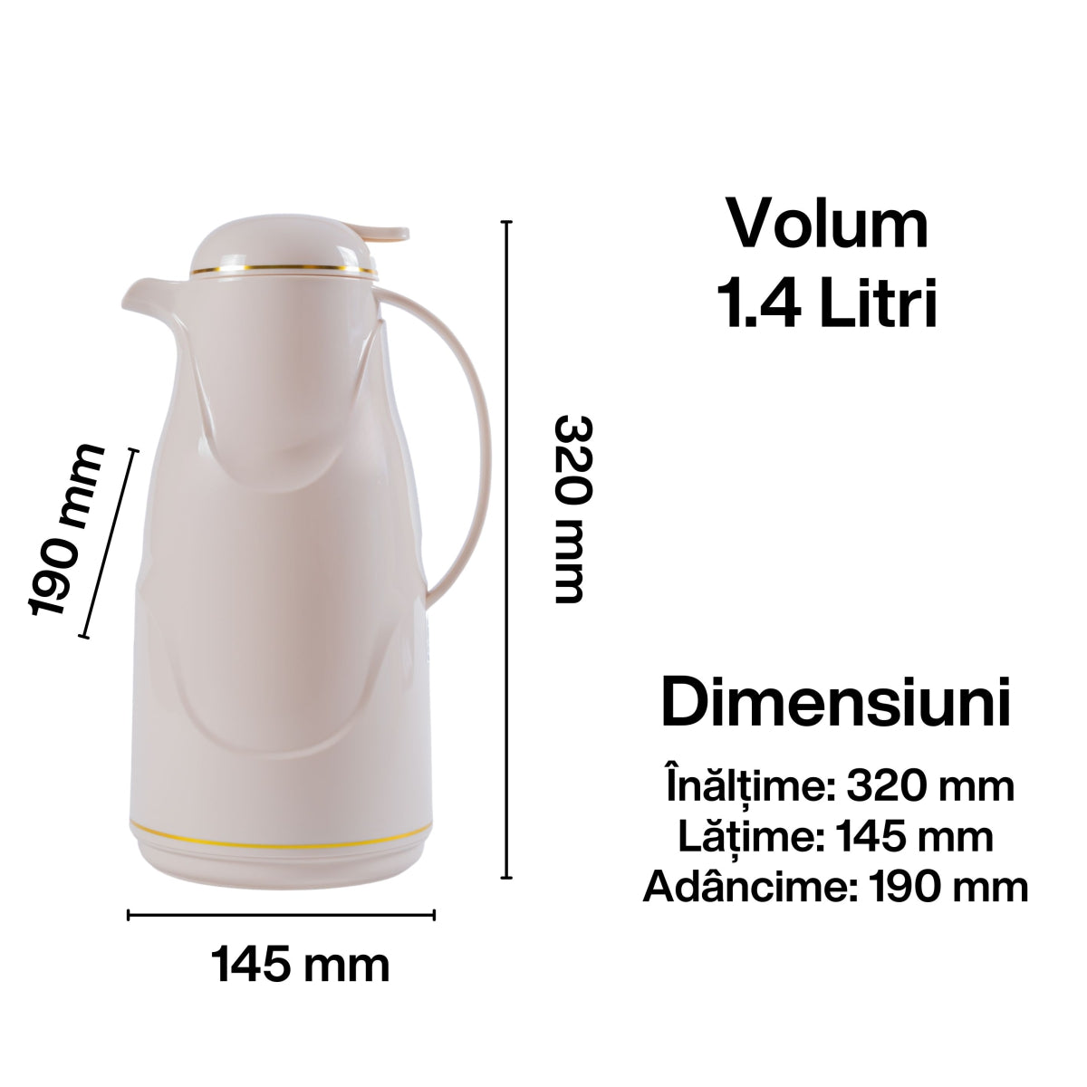 Termos, Naimeed D6430, pentru bauturi reci sau calde, Sticla si ABS, 1.4L, Crem, 145x320x190mm