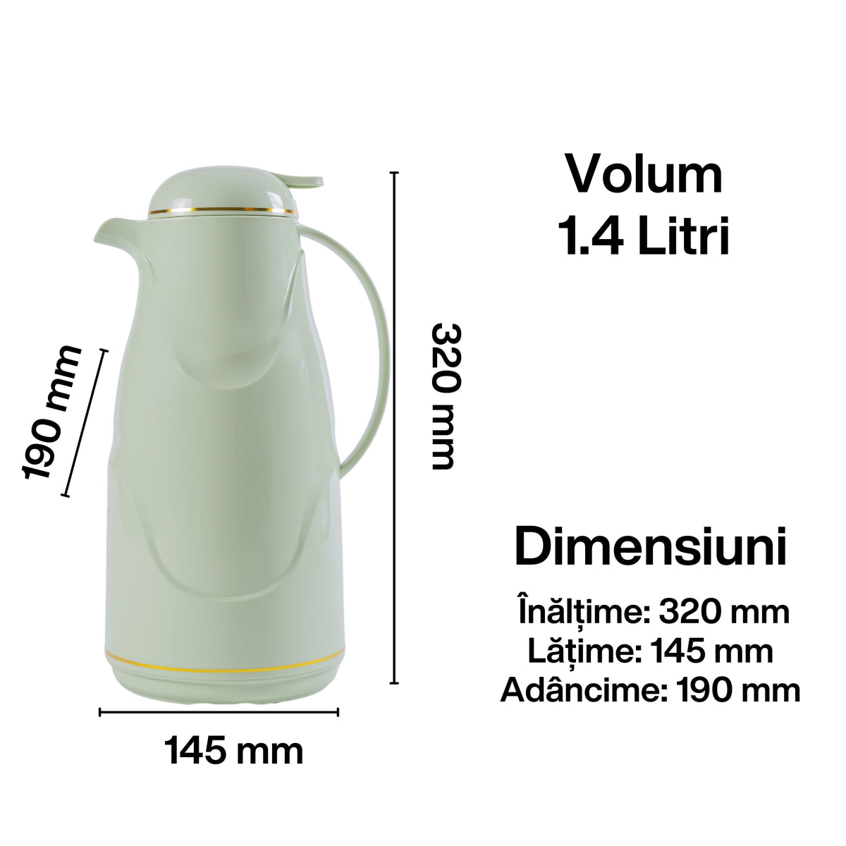 Termos, Naimeed D6430, pentru bauturi reci sau calde, Sticla si ABS, 1.4L, Verde, 145x320x190mm