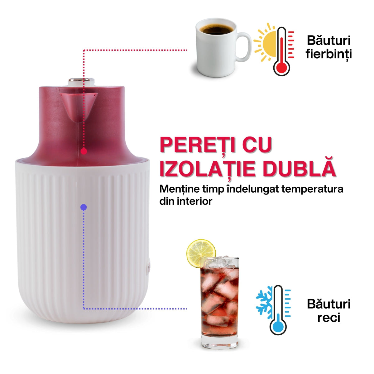 Termos, Naimeed D6435, pentru bauturi reci sau calde, Sticla si ABS, 1.5L, Visiniu, 150x260x200mm