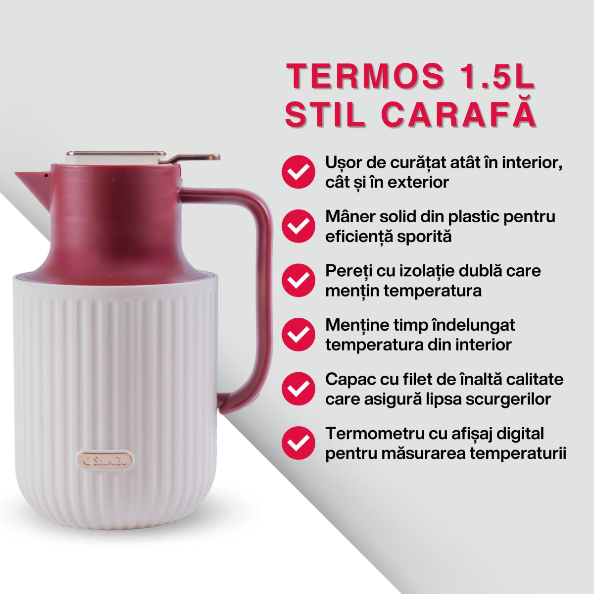 Termos, Naimeed D6435, pentru bauturi reci sau calde, Sticla si ABS, 1.5L, Visiniu, 150x260x200mm