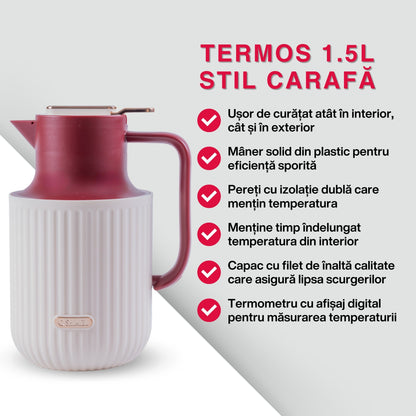 Termos, Naimeed D6435, pentru bauturi reci sau calde, Sticla si ABS, 1.5L, Visiniu, 150x260x200mm