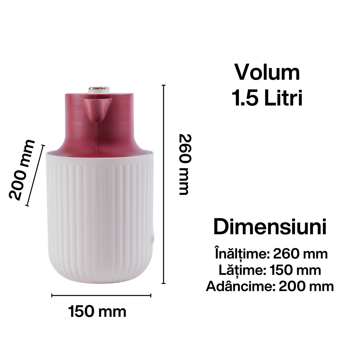 Termos, Naimeed D6435, pentru bauturi reci sau calde, Sticla si ABS, 1.5L, Visiniu, 150x260x200mm