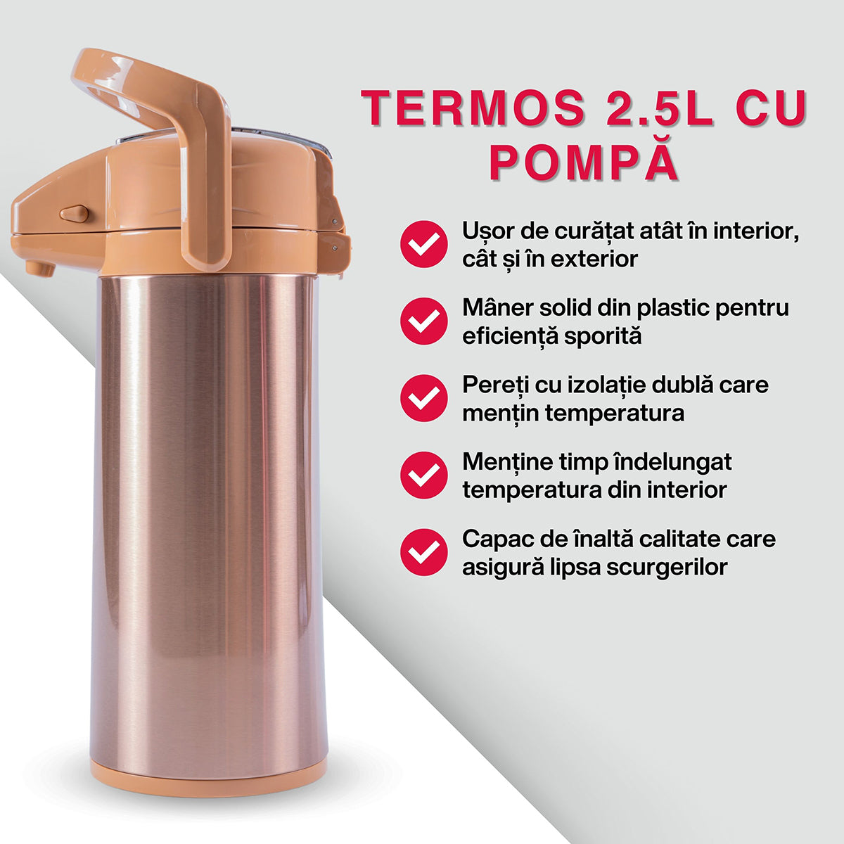 Termos, Naimeed D6439, pentru bauturi reci sau calde, Sticla si ABS, 2.5L, Maro, 170x400x220mm