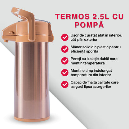 Termos, Naimeed D6439, pentru bauturi reci sau calde, Sticla si ABS, 2.5L, Maro, 170x400x220mm