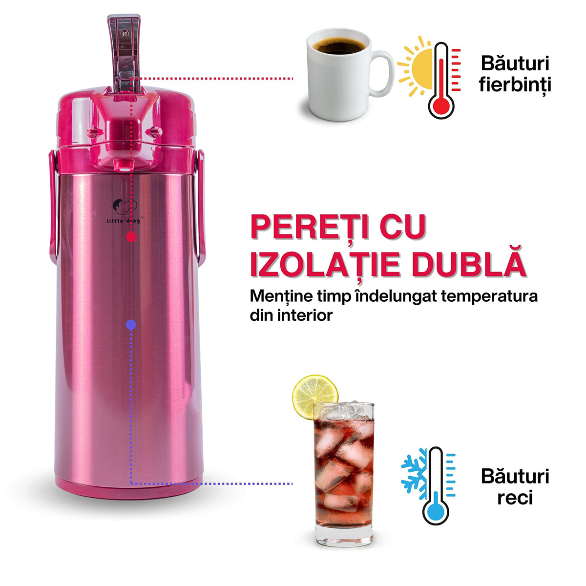 Termos, Naimeed D6439, pentru bauturi reci sau calde, Sticla si ABS, 2.5L, Rosu, 170x400x220mm