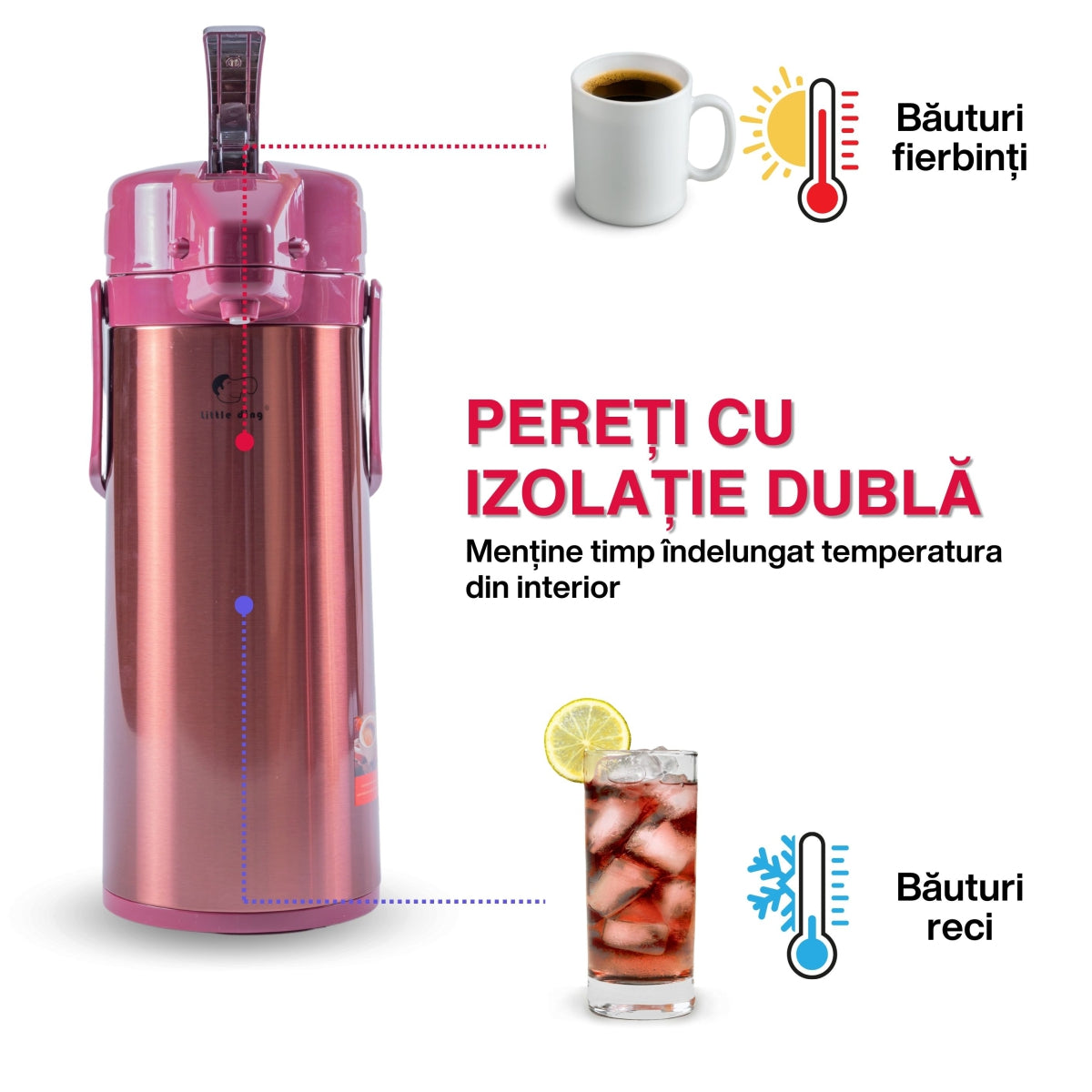 Termos, Naimeed D6439, pentru bauturi reci sau calde, Sticla si ABS, 2.5L, Visiniu, 170x400x220mm