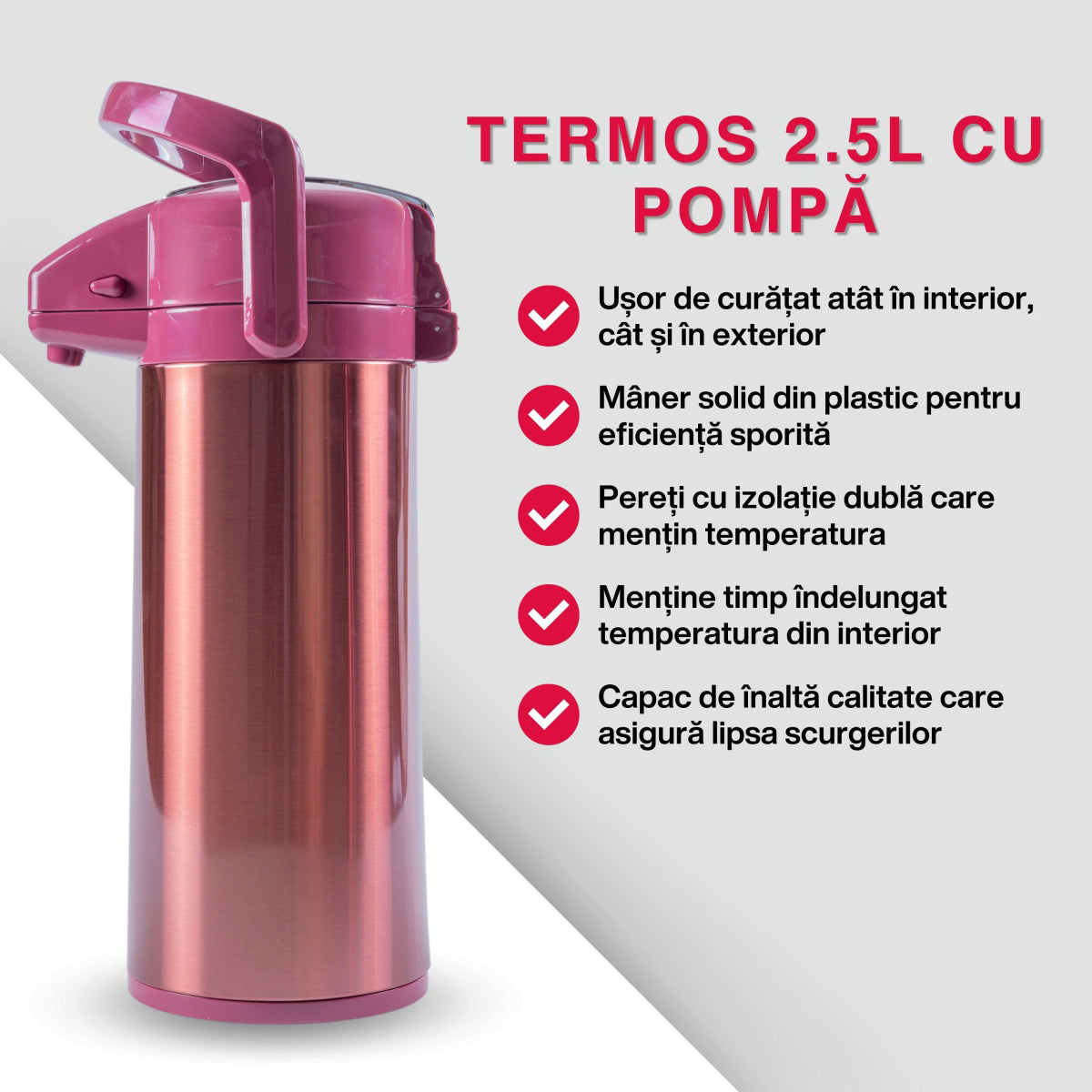 Termos, Naimeed D6439, pentru bauturi reci sau calde, Sticla si ABS, 2.5L, Visiniu, 170x400x220mm