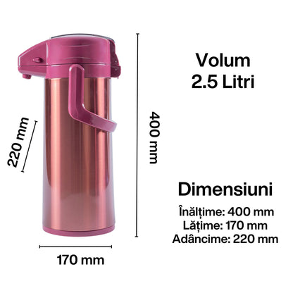 Termos, Naimeed D6439, pentru bauturi reci sau calde, Sticla si ABS, 2.5L, Visiniu, 170x400x220mm