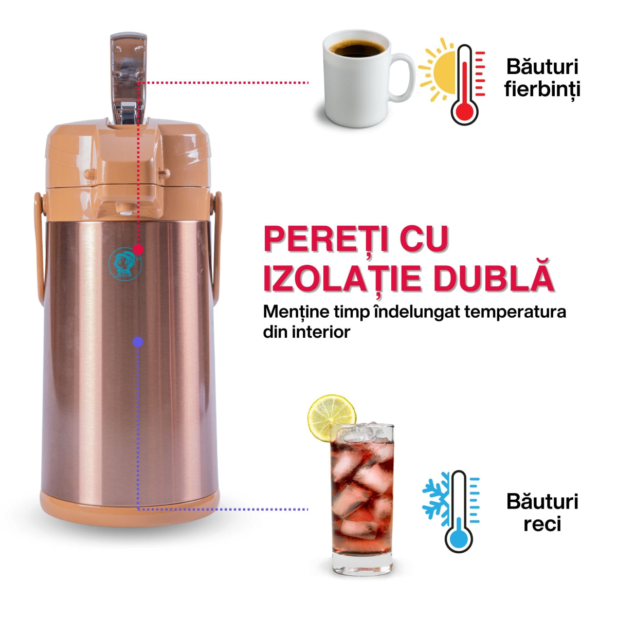 Termos, Naimeed D6440, pentru bauturi reci sau calde, Sticla si ABS, 2.5L, Maro, 185x400x260mm