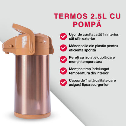 Termos, Naimeed D6440, pentru bauturi reci sau calde, Sticla si ABS, 2.5L, Maro, 185x400x260mm