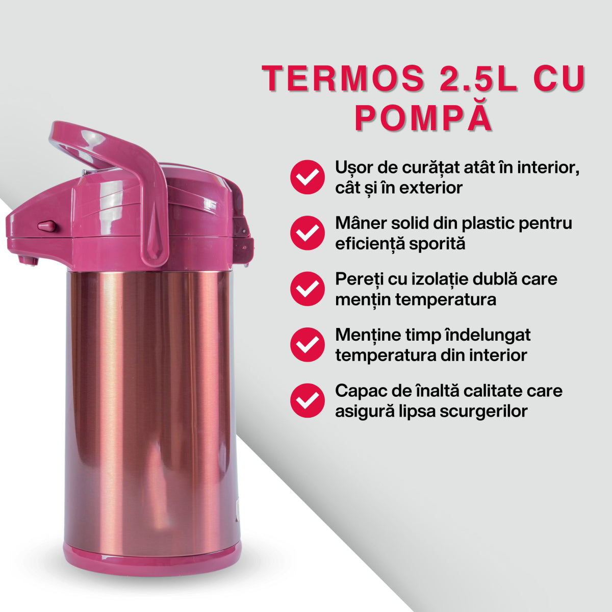 Termos, Naimeed D6440, pentru bauturi reci sau calde, Sticla si ABS, 2.5L, Visiniu, 185x400x260mm